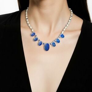 Handcrafted 24" Necklace With Lapis Lazuli, Faux Pearls And Crystal Beads